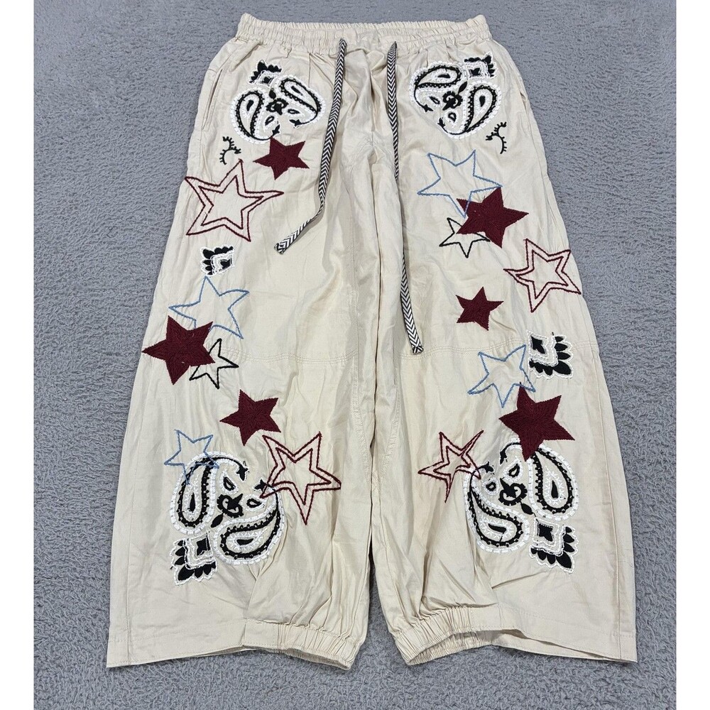 Free People Cream Wide Straight-Leg Embroidered Star & Paisley Pants